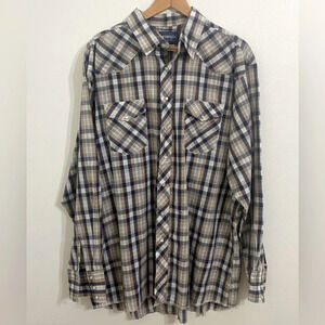 Vintage Wrangler BIG MAN Mens Western Pearl Snap Shirt 2XT Plaid Long Sleeve